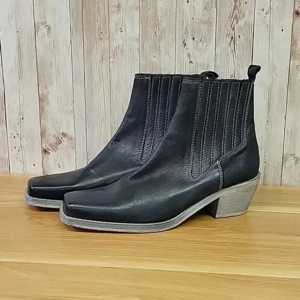 Free People Landry Black Leather Square Toe Western Ankle Boots 41 US 11 NEW - Picture 2 of 7